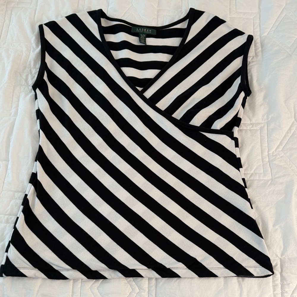 Ralph Lauren Classic Striped Wrap Blouse in Black and White